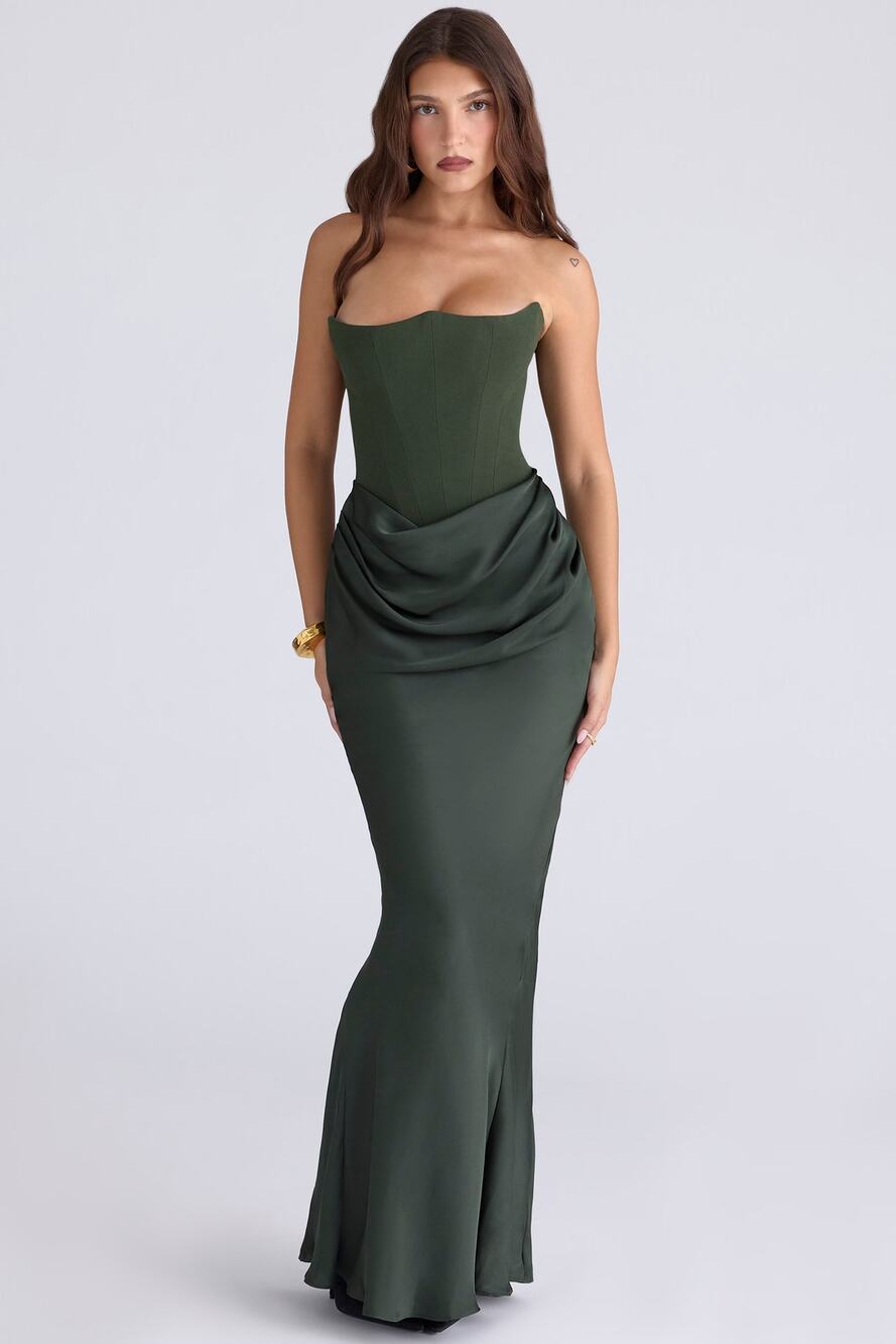 House of CB ' Persephone ' Emerald Green Crepe Strapless Corset Maxi Dress